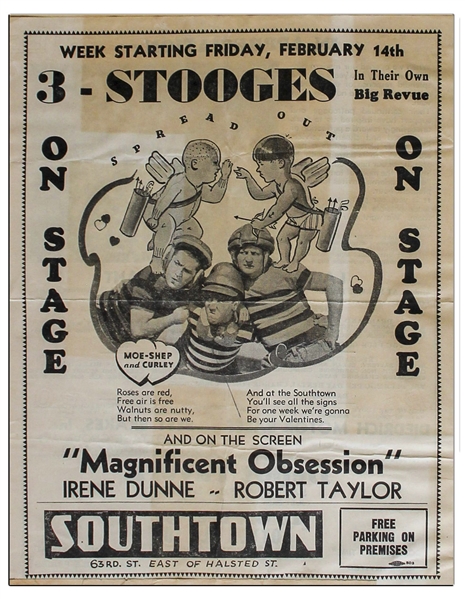 1935 Advert Measuring 8.5 x 11 for a Moe-Shep and Curley (Showing Larry) Three Stooges Show, Glued to 18 x 24 Scrapbook Sheet of Moe's News Clips From 1936 -- Chipping & Toning, Overall Good
